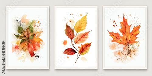 Watercolor Autumn Leaves Posters. AI generated illustration. photo