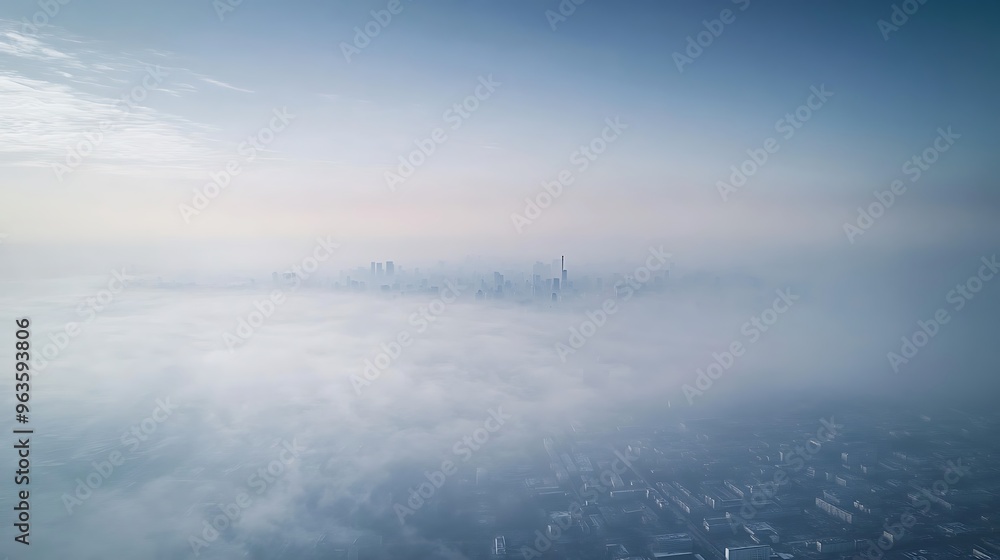 Expansive view of urban areas shrouded in thick smog, reflecting the impact of industrial emissions on air quality and climate. Expansive view of urban areas shrouded in thick smog, reflecting the impact of industrial emissions on air quality and climate.
