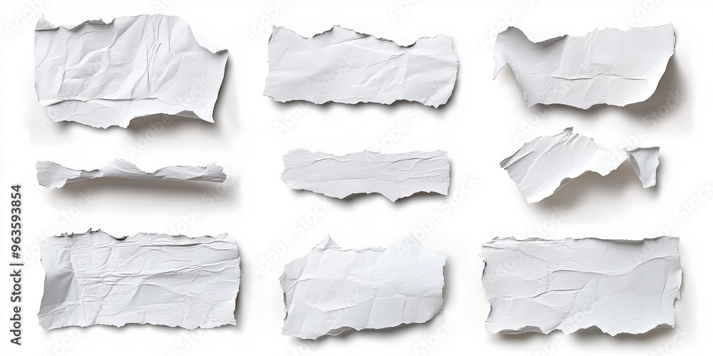 Set of white torn paper pieces with rough edges, ideal for creative design and texture applications. AI generated illustration Set of white torn paper pieces with rough edges, ideal for creative design and texture applications. AI generated illustration