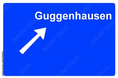 Illustration eines Autobahn-Ausfahrtschildes mit der Beschriftung "Guggenhausen"