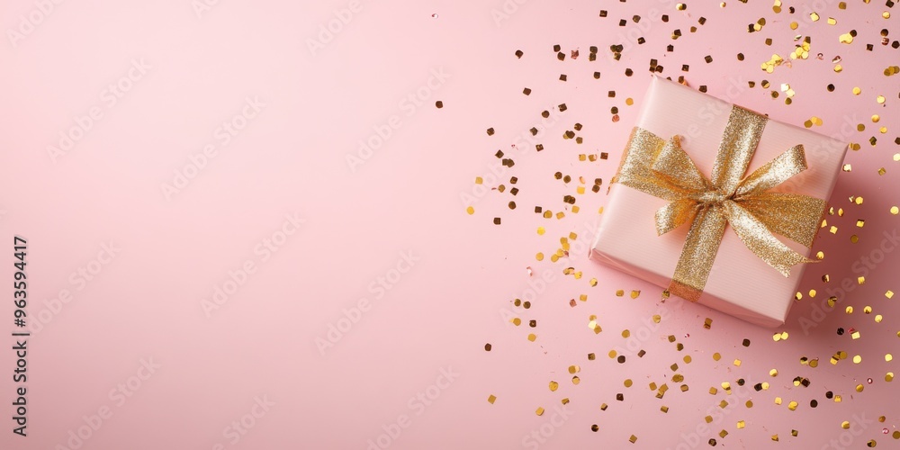 Abstract background with a gift and scattered gold confetti on a pink backdrop Abstract background with a gift and scattered gold confetti on a pink backdrop