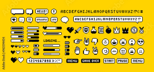 Perfect pixel icons of 8-bit game props, chat, download bar, office icons, gestures and cursors.  Game loot and awards pixel art. Retro Game pixel icons set in 80s - 90s style set 5. Editable vector