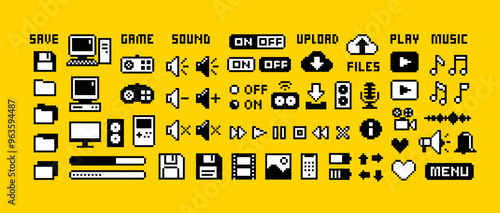 Perfect pixel icons of, media player buttons, PC computer icons, music notes, sound volume, scale, media. 8-bit Game icons and elements. Retro Game art. Isolated vector