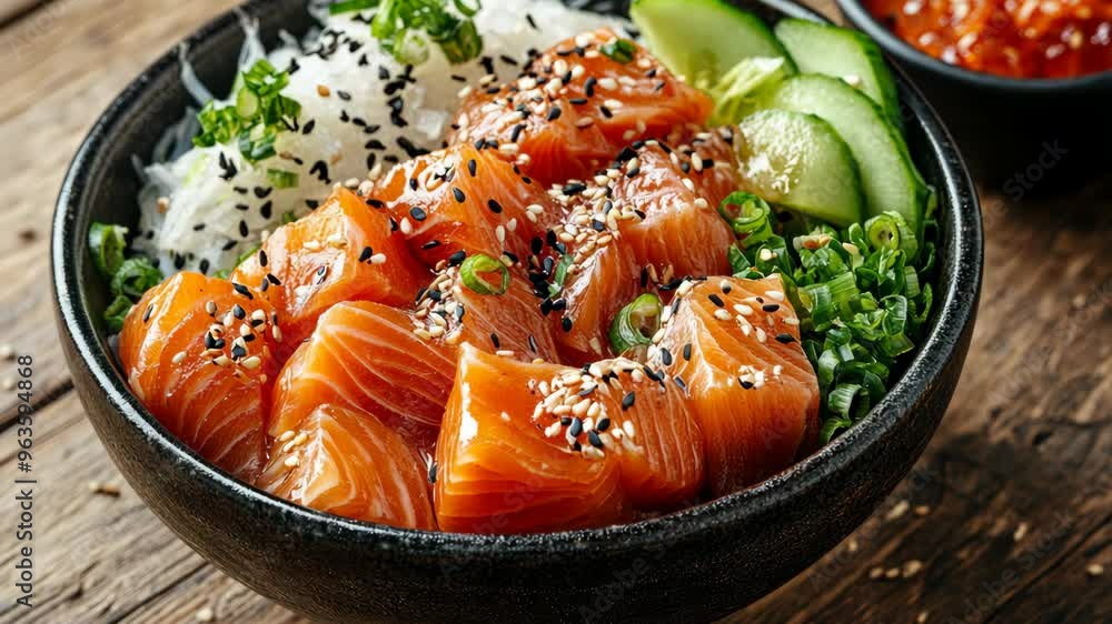 Delicious salmon sashimi bowl with fresh vegetables and sesame served at a cozy restaurant Delicious salmon sashimi bowl with fresh vegetables and sesame served at a cozy restaurant
