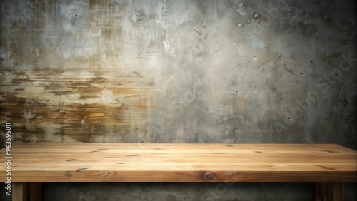 Empty wooden table against a rustic cement wall background