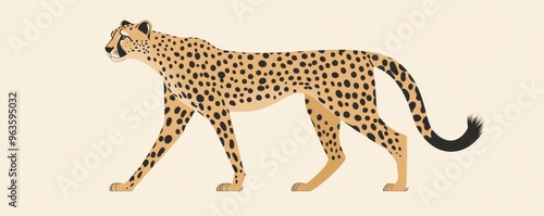 Stylized cheetah walking with simple lines and flat colors in a minimalist design photo