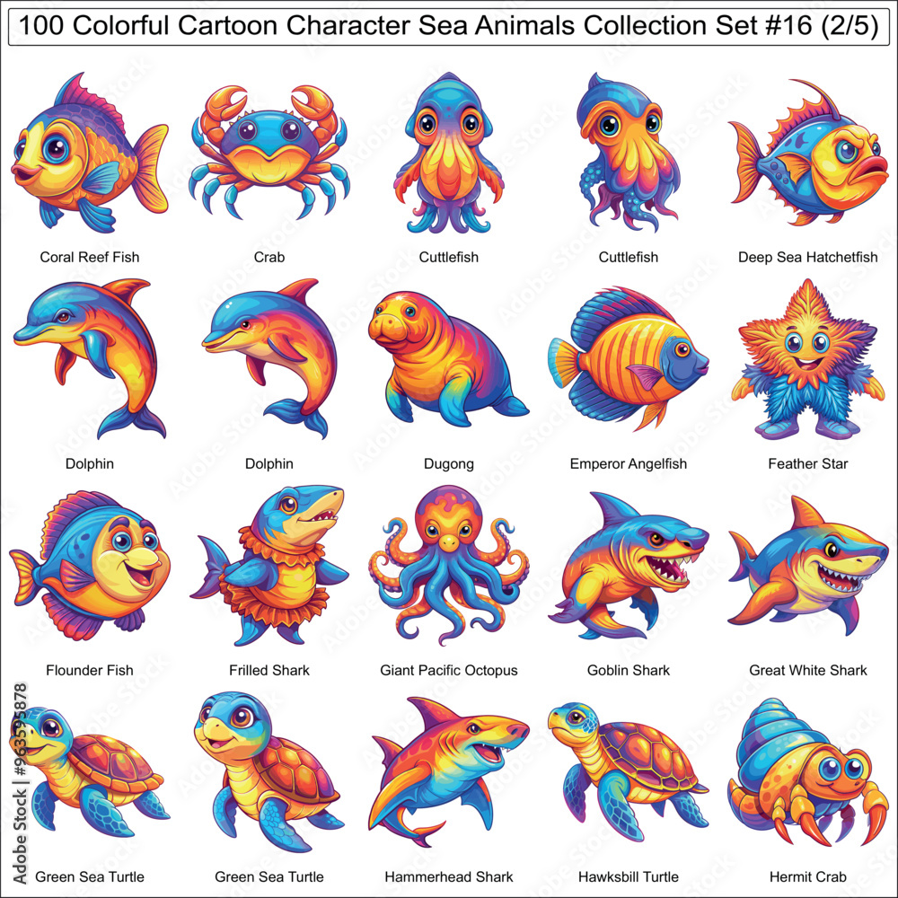 Fototapeta premium Colorful Cartoon Character Sea Animals Collection Set of 100 Isolated Animals Part 2