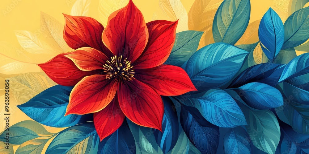 Vibrant Red Flower with Abstract Blue and Yellow Leaves on Gradient Background, Ideal for Modern Home Decor and Design Inspiration. AI generated illustration Vibrant Red Flower with Abstract Blue and Yellow Leaves on Gradient Background, Ideal for Modern Home Decor and Design Inspiration. AI generated illustration