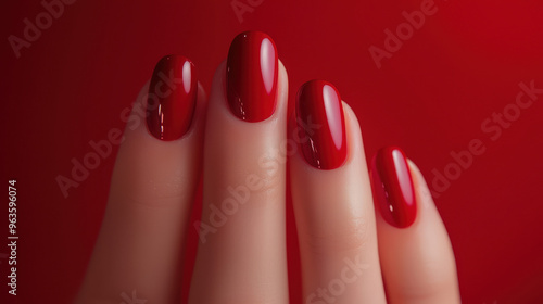 Elegant red manicure showcasing shiny nails against a vibrant red background, perfect for beauty and fashion themes. high quality photo