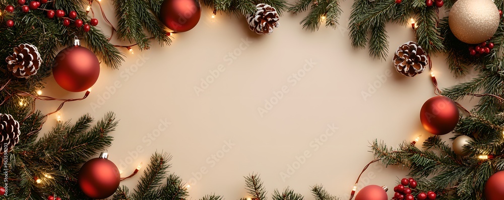 Frame of fir branches, pinecones and ornament on beige background. Christmas and New Year celebration. Holiday decorations. Top view, flat lay with copy space Frame of fir branches, pinecones and ornament on beige background. Christmas and New Year celebration. Holiday decorations. Top view, flat lay with copy space
