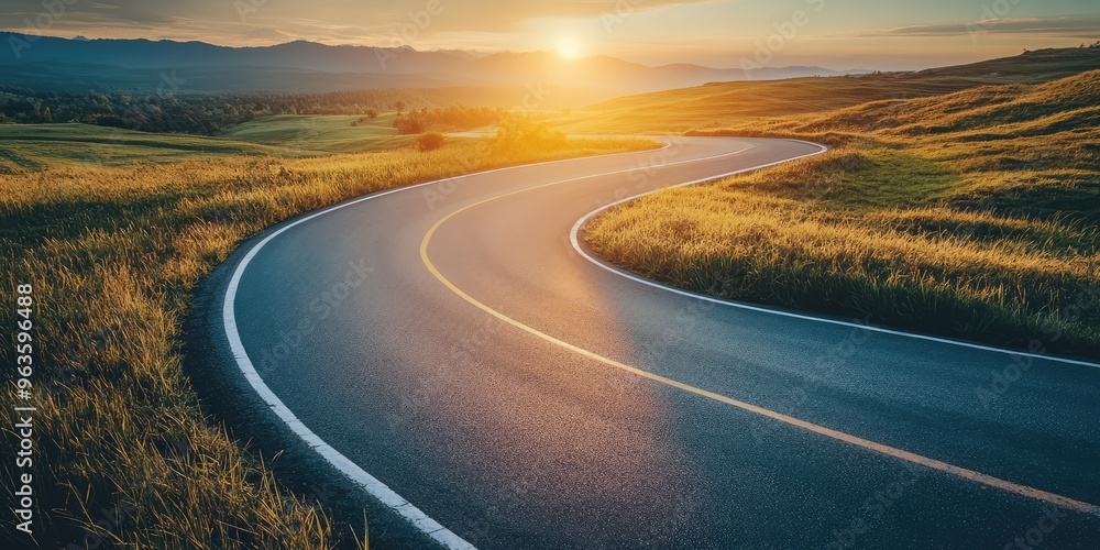 Naklejka premium Winding road to success with signpost illustration, symbolizing motivation, goal setting, achievement journey, career progress, personal growth, and long-term ambition. AI generated illustration.