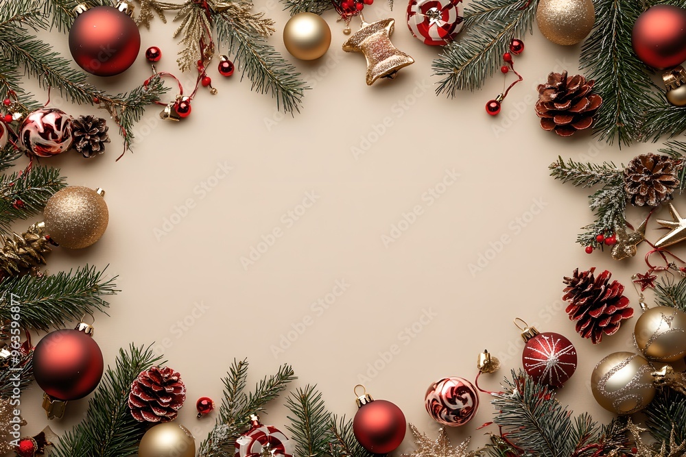 Frame of fir branches, pinecones and ornament on beige background. Christmas and New Year celebration. Holiday decorations. Top view, flat lay with copy space Frame of fir branches, pinecones and ornament on beige background. Christmas and New Year celebration. Holiday decorations. Top view, flat lay with copy space