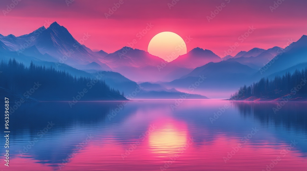 Serene mountain landscape with vibrant sunset Serene mountain landscape with vibrant sunset