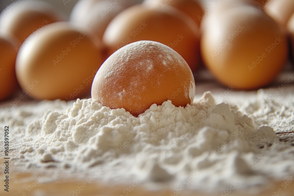 Close-Up of Eggs and Flour Dust on Rustic Wooden Table Close-Up of Eggs and Flour Dust on Rustic Wooden Table