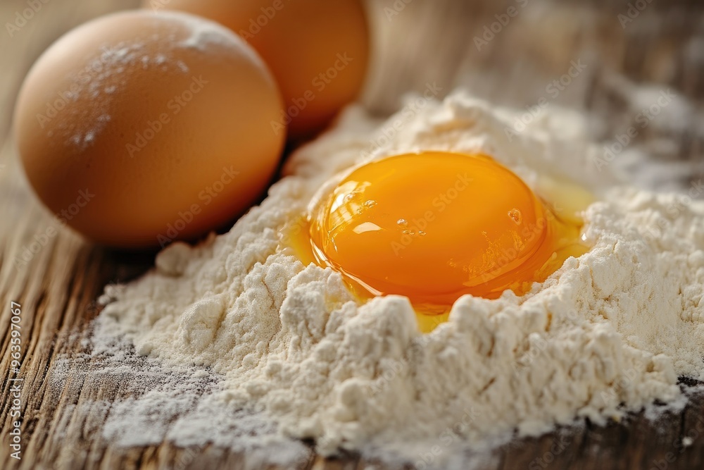 Kitchen Prep: Eggs and Flour on a Wooden Table Close-Up Kitchen Prep: Eggs and Flour on a Wooden Table Close-Up