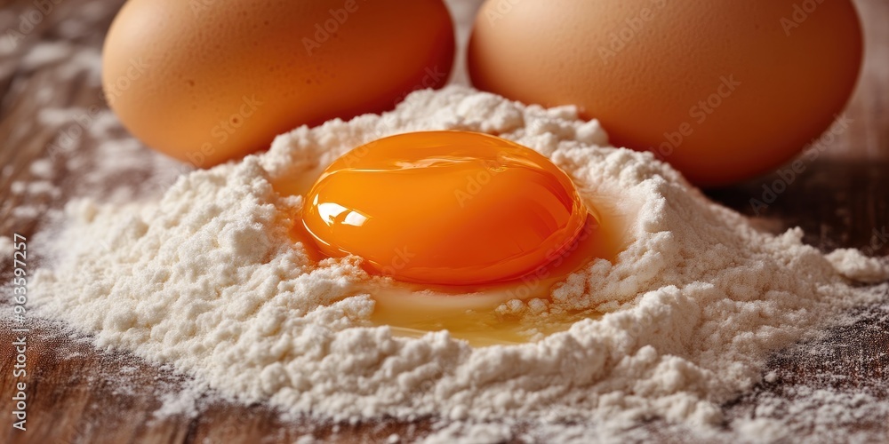 Ingredients for Baking: Eggs and White Flour on Wood Ingredients for Baking: Eggs and White Flour on Wood
