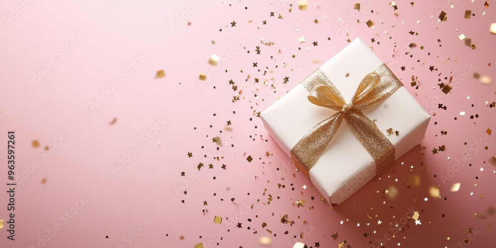 Abstract background with a gift and scattered gold confetti on a pink backdrop Abstract background with a gift and scattered gold confetti on a pink backdrop