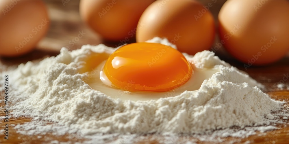 Baking Essentials: Eggs and Flour on Wooden Counter Baking Essentials: Eggs and Flour on Wooden Counter