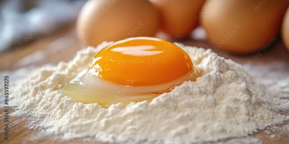 Eggs and Flour Ready for Baking on Wooden Table Eggs and Flour Ready for Baking on Wooden Table