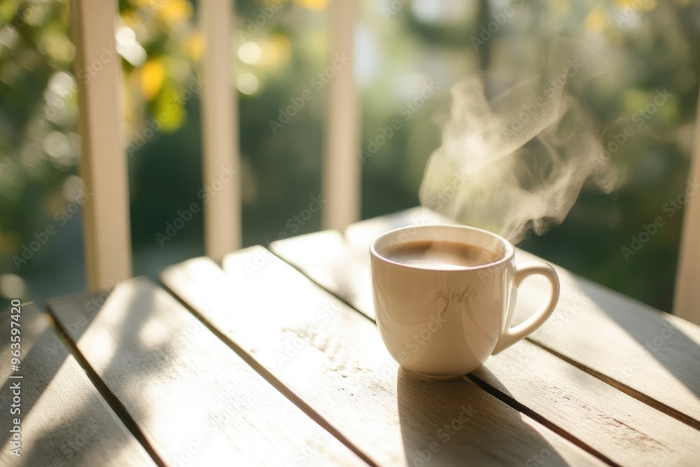 Fototapeta premium Steaming Hot Coffee Mug on Sunlit Balcony Table
