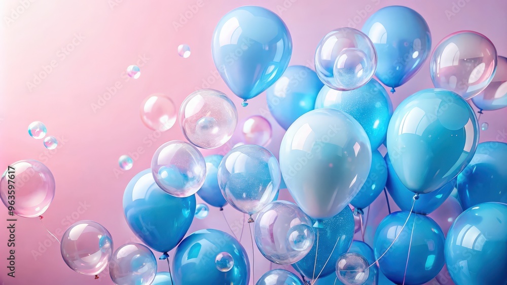 Modern and whimsical stock photo featuring blue balloons, bubbles, and a pink background with pastel colors, perfect for a fairy tale concept Modern and whimsical stock photo featuring blue balloons, bubbles, and a pink background with pastel colors, perfect for a fairy tale concept