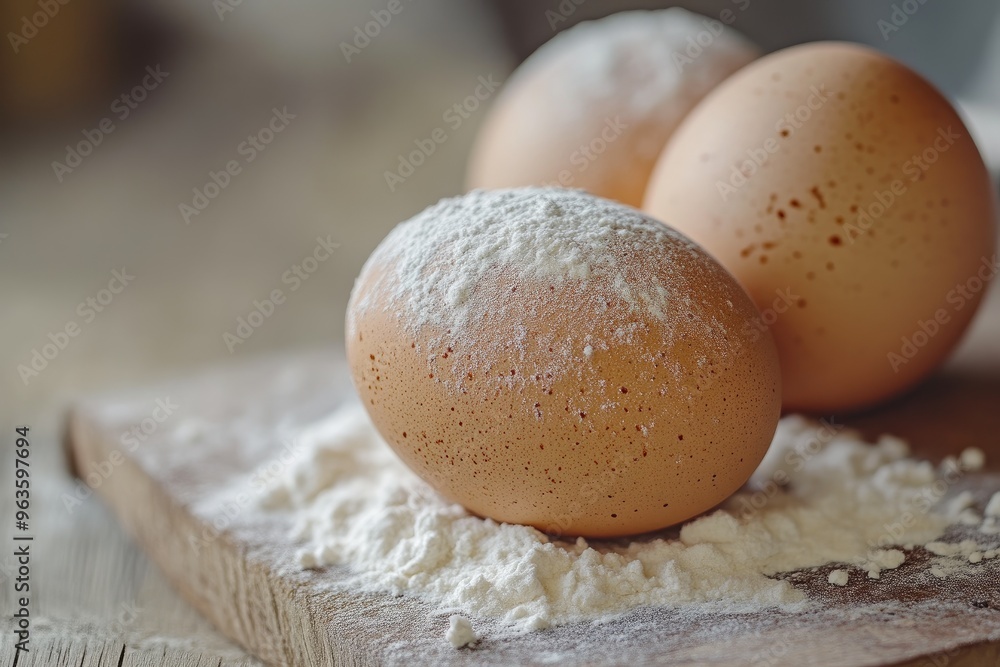 White Flour and Fresh Eggs on Wooden Table Surface White Flour and Fresh Eggs on Wooden Table Surface