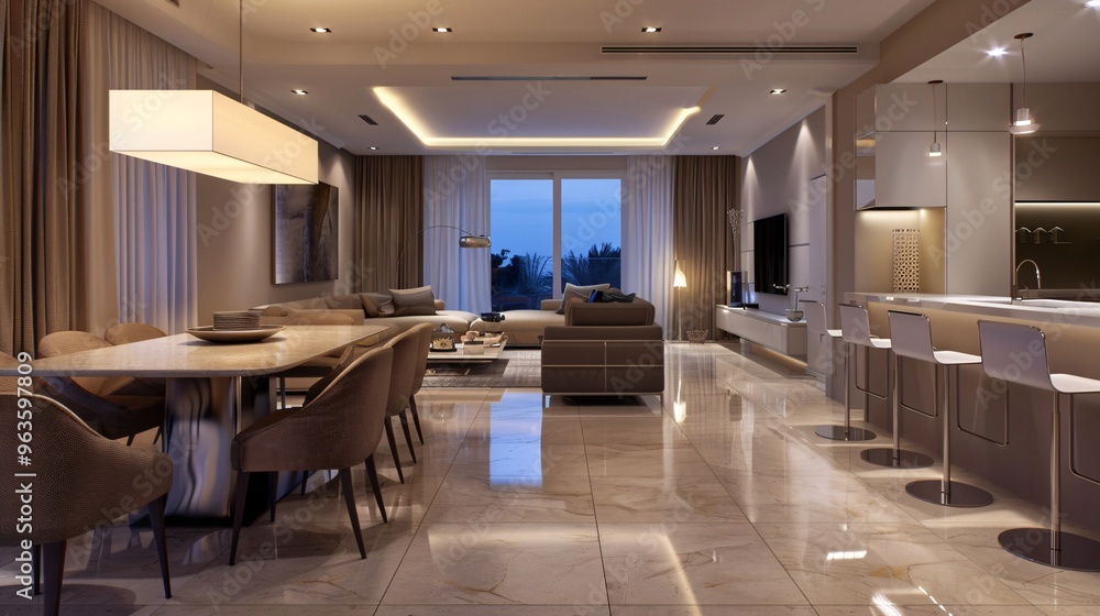 Fototapeta premium Modern open-plan luxury kitchen and dining room with large windows