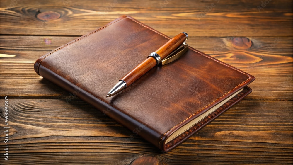 Brown leather notebook with fountain pen on wooden desk Brown leather notebook with fountain pen on wooden desk