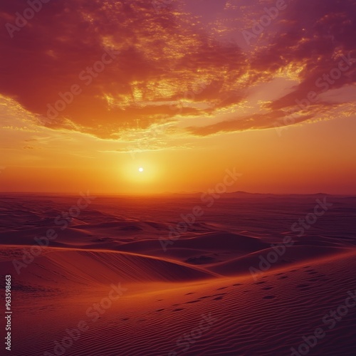 06090029 02 A vast desert landscape at sunset with sand dunes rolling into the horizon under a vivid orange sky ar 169 v 61