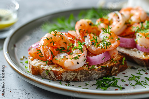 scandinavian open faced shrimp sandwich, selective focus