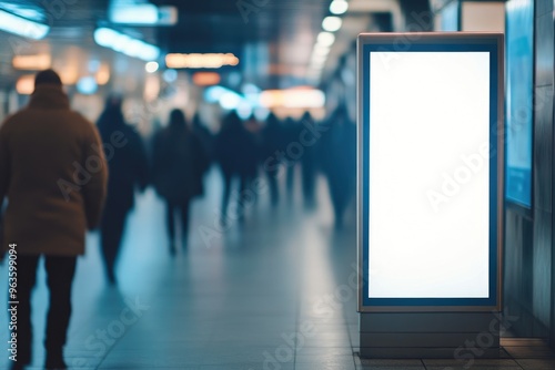 Close-Up of Subway Corridor Ad Space with Flowing Pedestrians