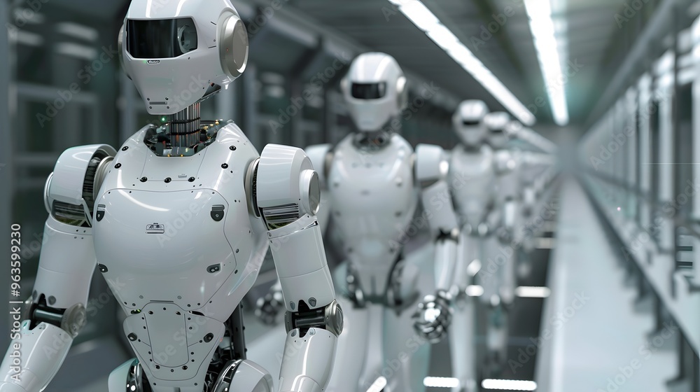 A Line of White Robots Walking Through a Futuristic Corridor A Line of White Robots Walking Through a Futuristic Corridor
