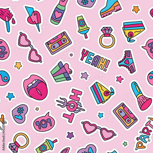 Vector doodle girly party seamless pattern, texture or background