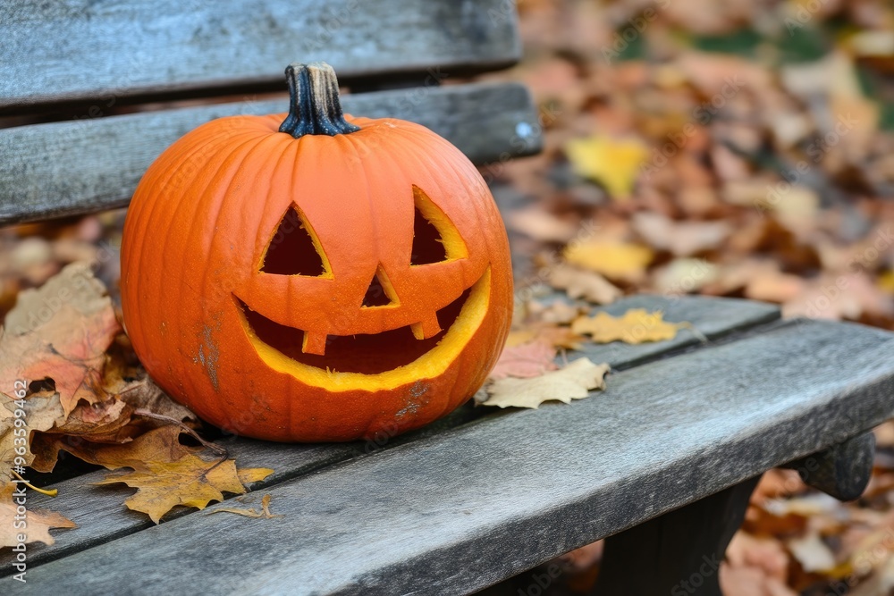 Rustic Bench with Detailed Jack-o'-Lantern and Fallen Autumn Leaves Rustic Bench with Detailed Jack-o'-Lantern and Fallen Autumn Leaves