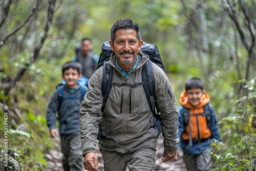 Hispanic father and sons hiking on trail in woods, Generative AI