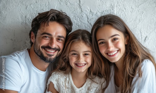 Happy and cheerful young beautiful family are smiling and posing while have a fun together over white background, Generative AI