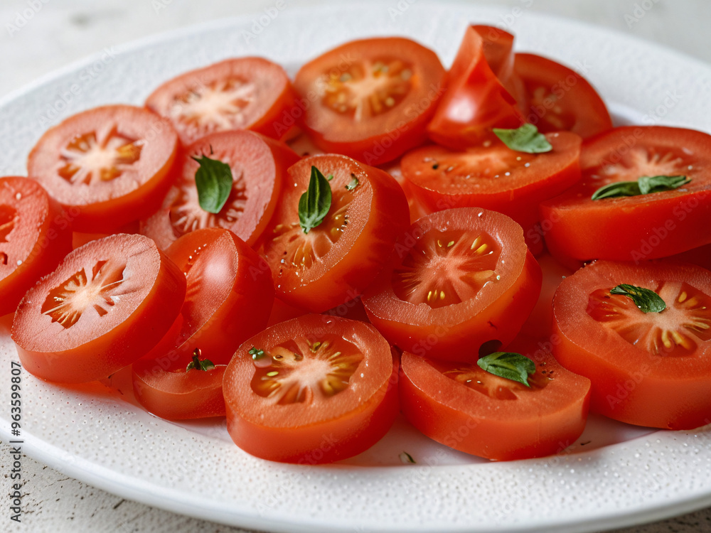 Tomatoes and greens on a plate, fresh vegetable salad, tomato slices food photography Tomatoes and greens on a plate, fresh vegetable salad, tomato slices food photography