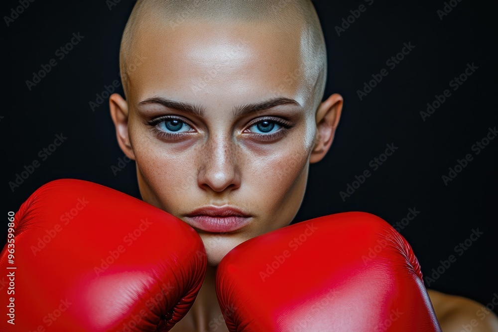 Powerful Female Fighter in Boxing Gloves, Dark Background Powerful Female Fighter in Boxing Gloves, Dark Background