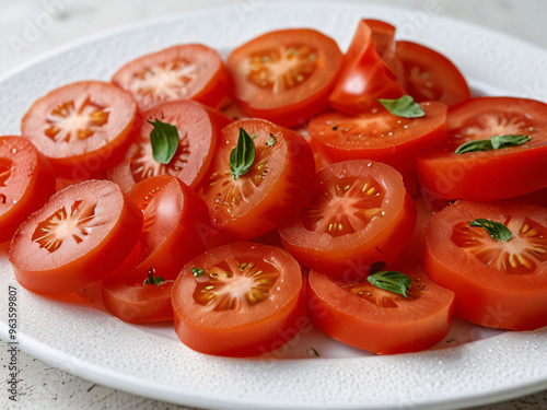 Tomatoes and greens on a plate, fresh vegetable salad, tomato slices food photography