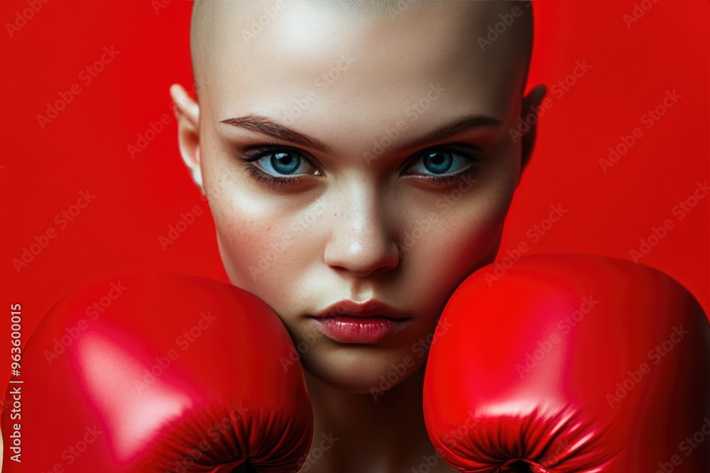 Strong Female Boxer with Red Gloves on Bold Red Backdrop Strong Female Boxer with Red Gloves on Bold Red Backdrop