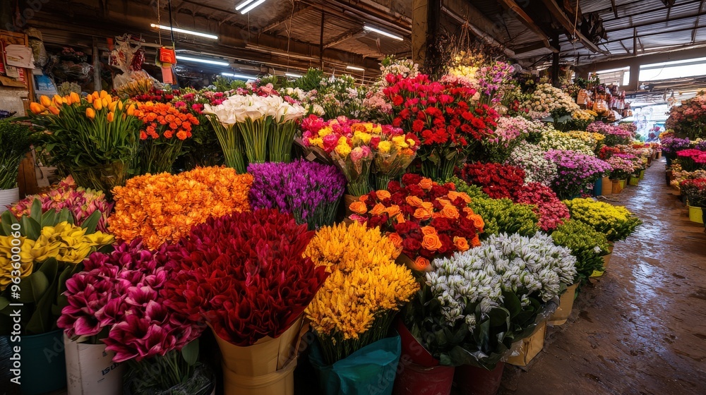 A wide-angle view of a bustling flower market, with a diverse selection of colorful bouquets arranged in an eye-catching display, creating a vibrant scene A wide-angle view of a bustling flower market, with a diverse selection of colorful bouquets arranged in an eye-catching display, creating a vibrant scene