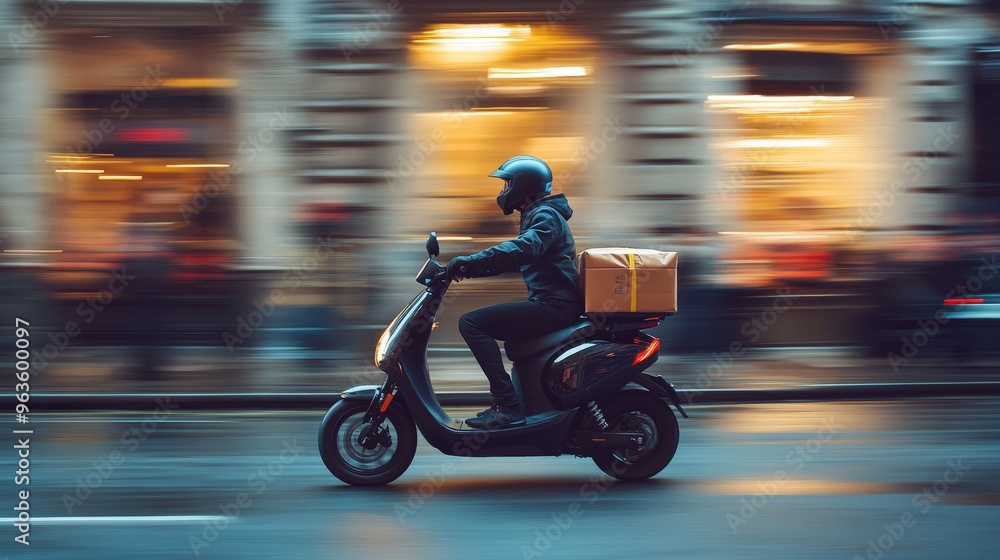 A detailed high-resolution image of couriers maneuvering electric scooters through city streets for package delivery, capturing the speed and efficiency of the service A detailed high-resolution image of couriers maneuvering electric scooters through city streets for package delivery, capturing the speed and efficiency of the service