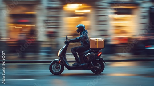 A detailed high-resolution image of couriers maneuvering electric scooters through city streets for package delivery, capturing the speed and efficiency of the service