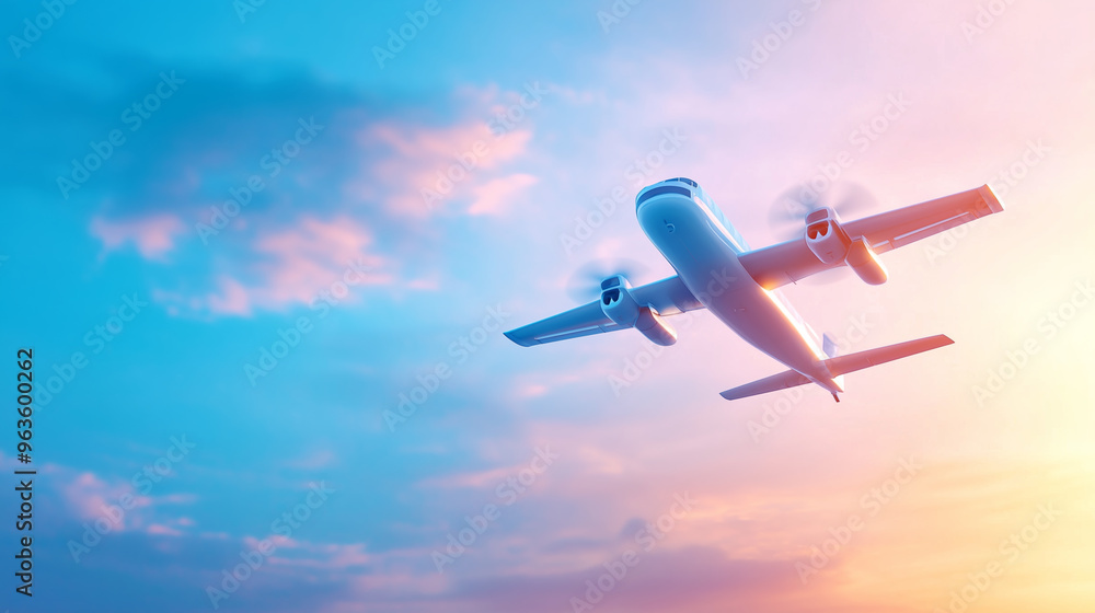 Obraz premium Airplane flying against a colorful sunset sky in the evening