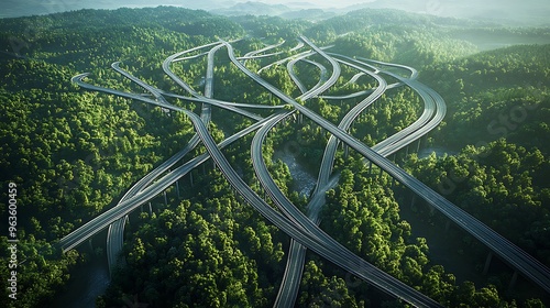 View from above of a vast network of highways crisscrossing forests, representing the fragmentation of habitats by human infrastructure.