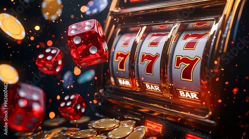 A gold slot machine with the winning combination of three 7s and red dice floating around with gold poker chips.