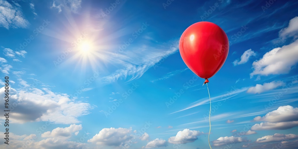 Vibrant red balloon flying high in the sky on a sunny day Vibrant red balloon flying high in the sky on a sunny day