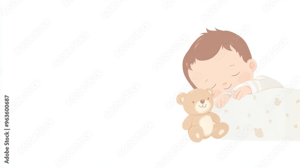 Adorable baby sleeping soundly with a teddy bear on a white background, perfect for nursery and parenting concepts. Adorable baby sleeping soundly with a teddy bear on a white background, perfect for nursery and parenting concepts.