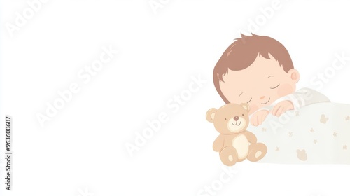 Adorable baby sleeping soundly with a teddy bear on a white background, perfect for nursery and parenting concepts.