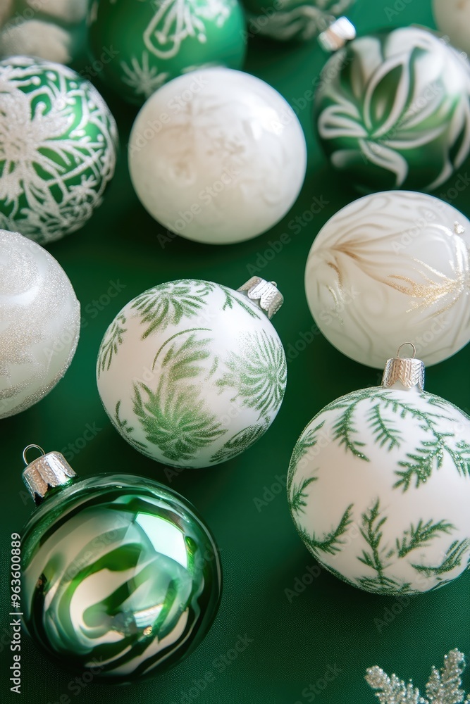 Close-Up View of Christmas Ornaments on Vibrant Green Close-Up View of Christmas Ornaments on Vibrant Green
